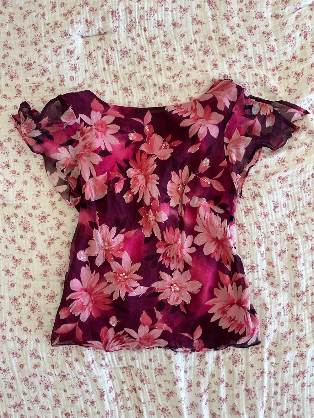 Y2K Fairy Silk Beaded Floral Top